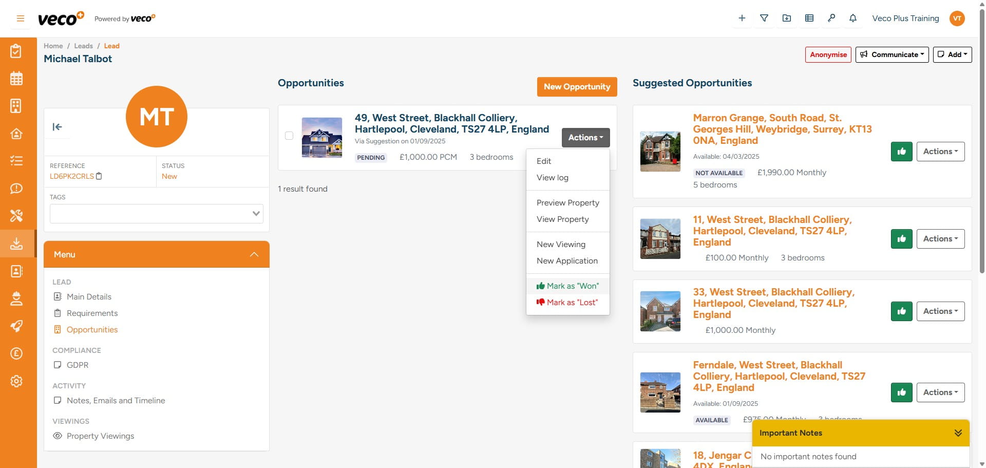 When you select 'Actions' a list of further actions will appear that can be selected, including marking the Opportunity as 'Won' or 'Lost'