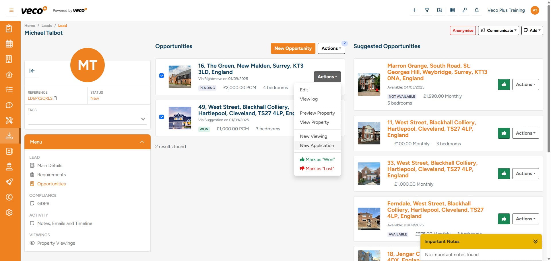 In 'Actions' on a property, you will also have the ability to create a 'New Application'
