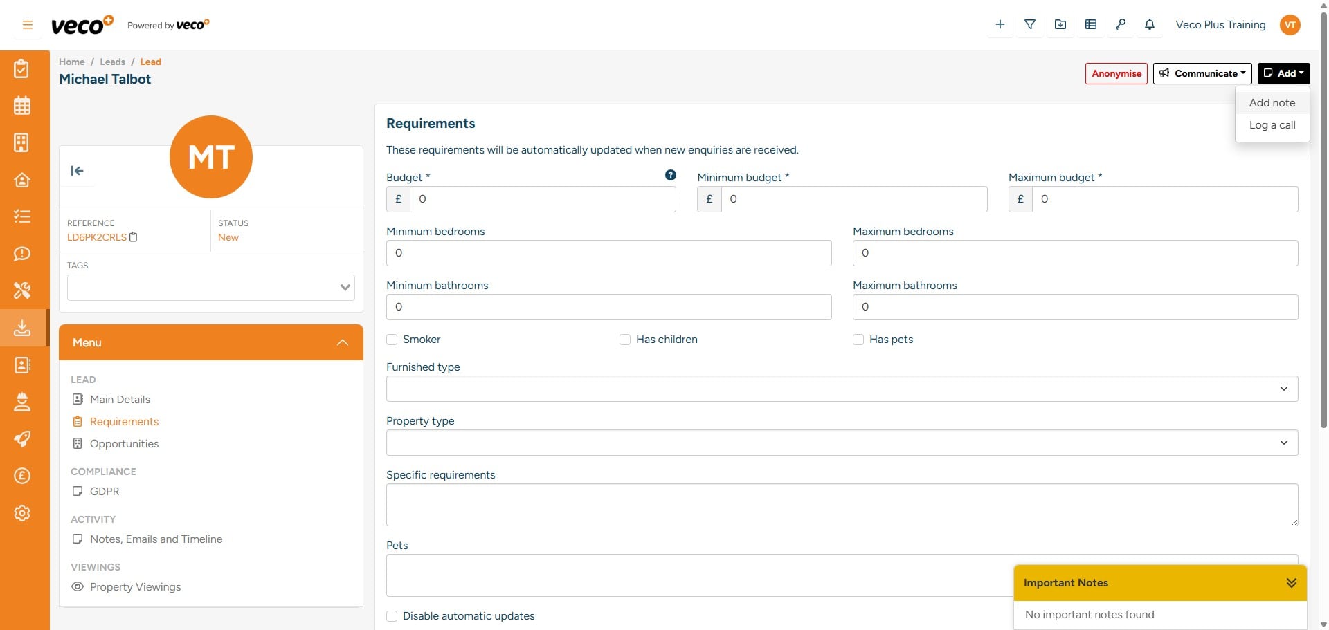 If you would like to include additional information about the Lead, you can add a note using the 'Add' button and then selecting 'Add note'