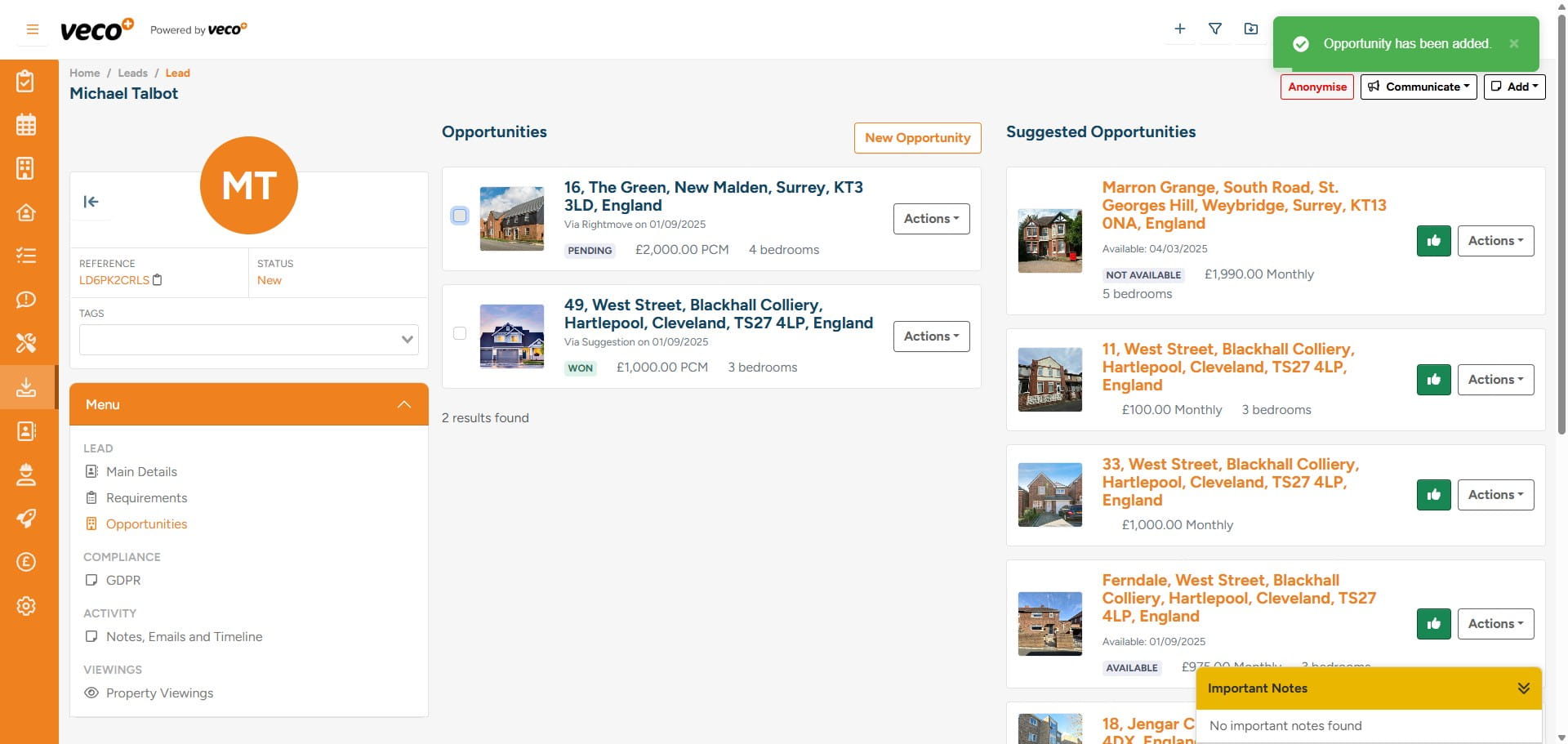 This property will then show on the Lead's 'Opportunities'