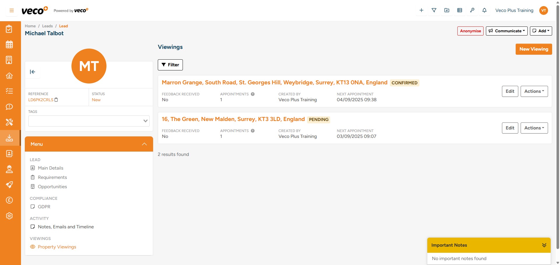 Also in the 'Menu', you can view ‘Notes, Emails and Timeline’ for this Lead record