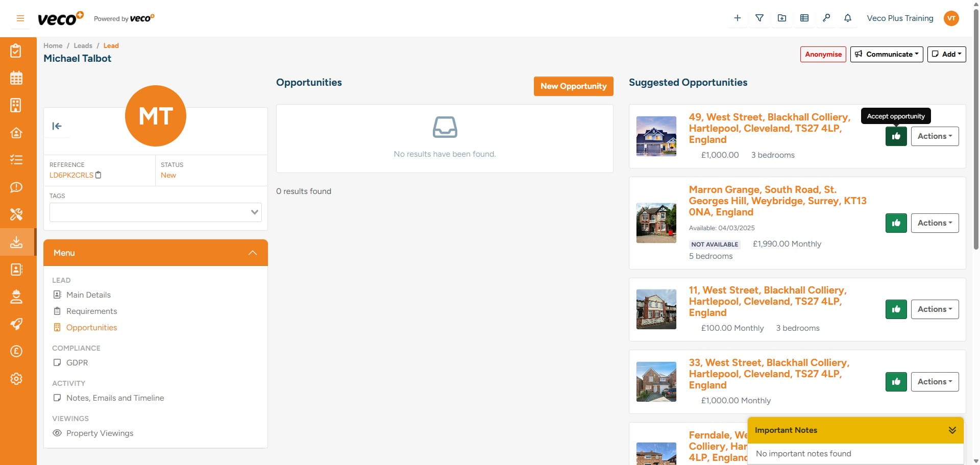 In Opportunities, 'Suggested Opportunities' will list properties that have matched to the Lead's requirements. The matching looks at properties registered to the same office as the Lead, as well as their budget and the number of rooms. You can then select the green 'thumbs up' icon if the Lead has shown interest in a property