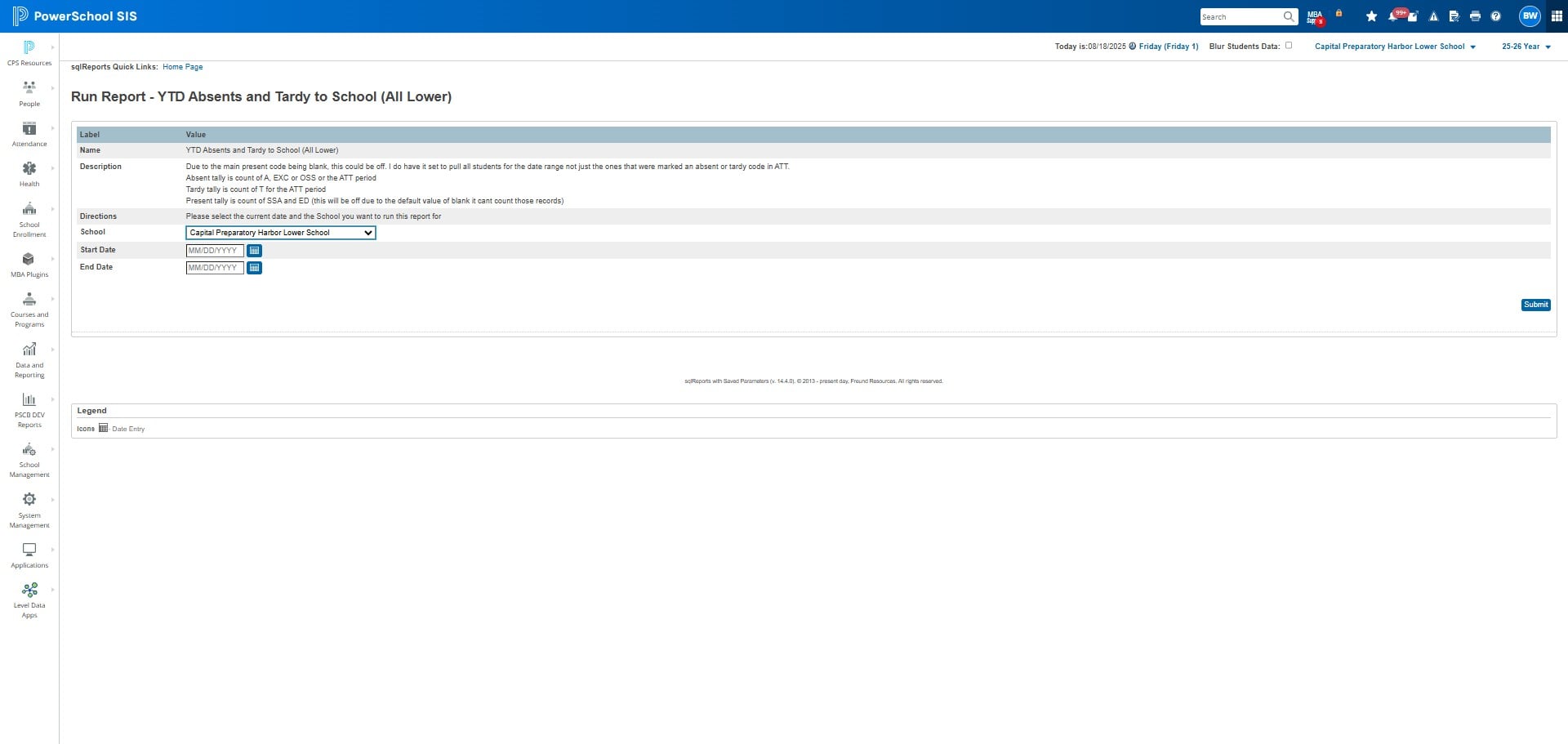Choose the school from the dropdown menu. Then, set the start date to the first day of the school year and the end date to the date you're generating the report.