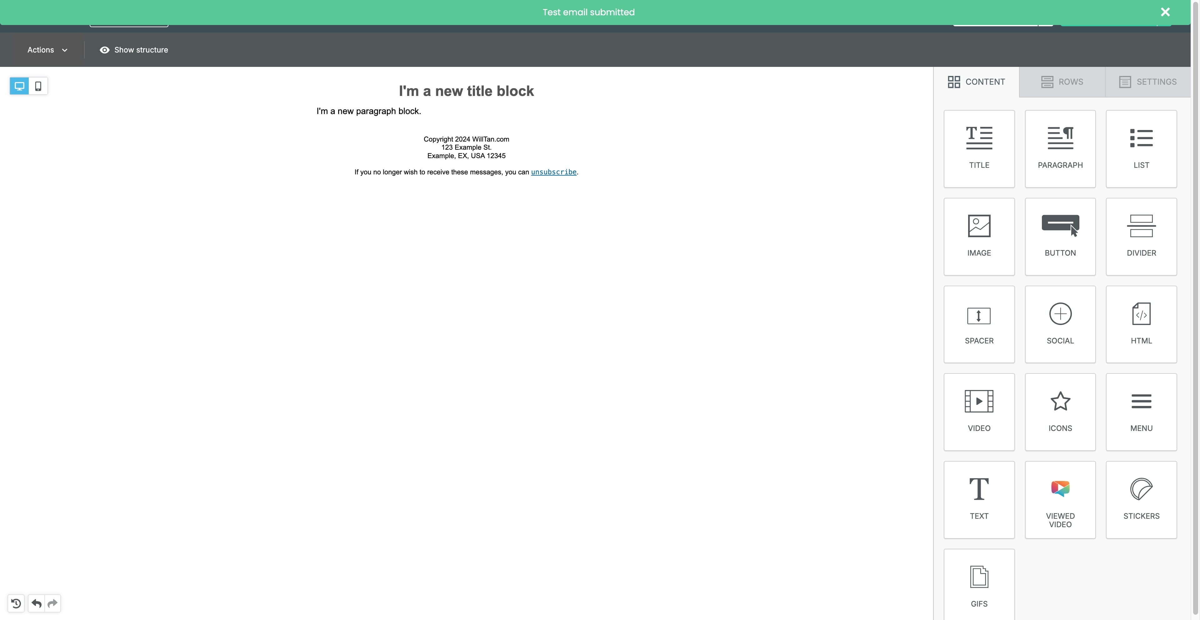 Click on "Test email submitted"
