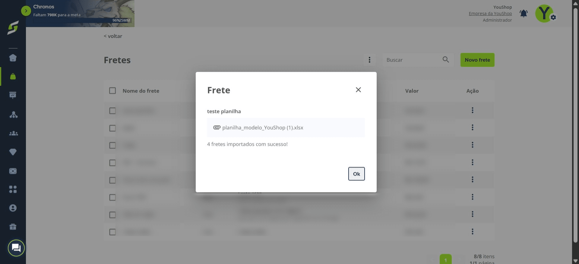 Será exibida uma mensagem informando que os fretes foram importados com sucesso.
Clique em "OK" para continuar.