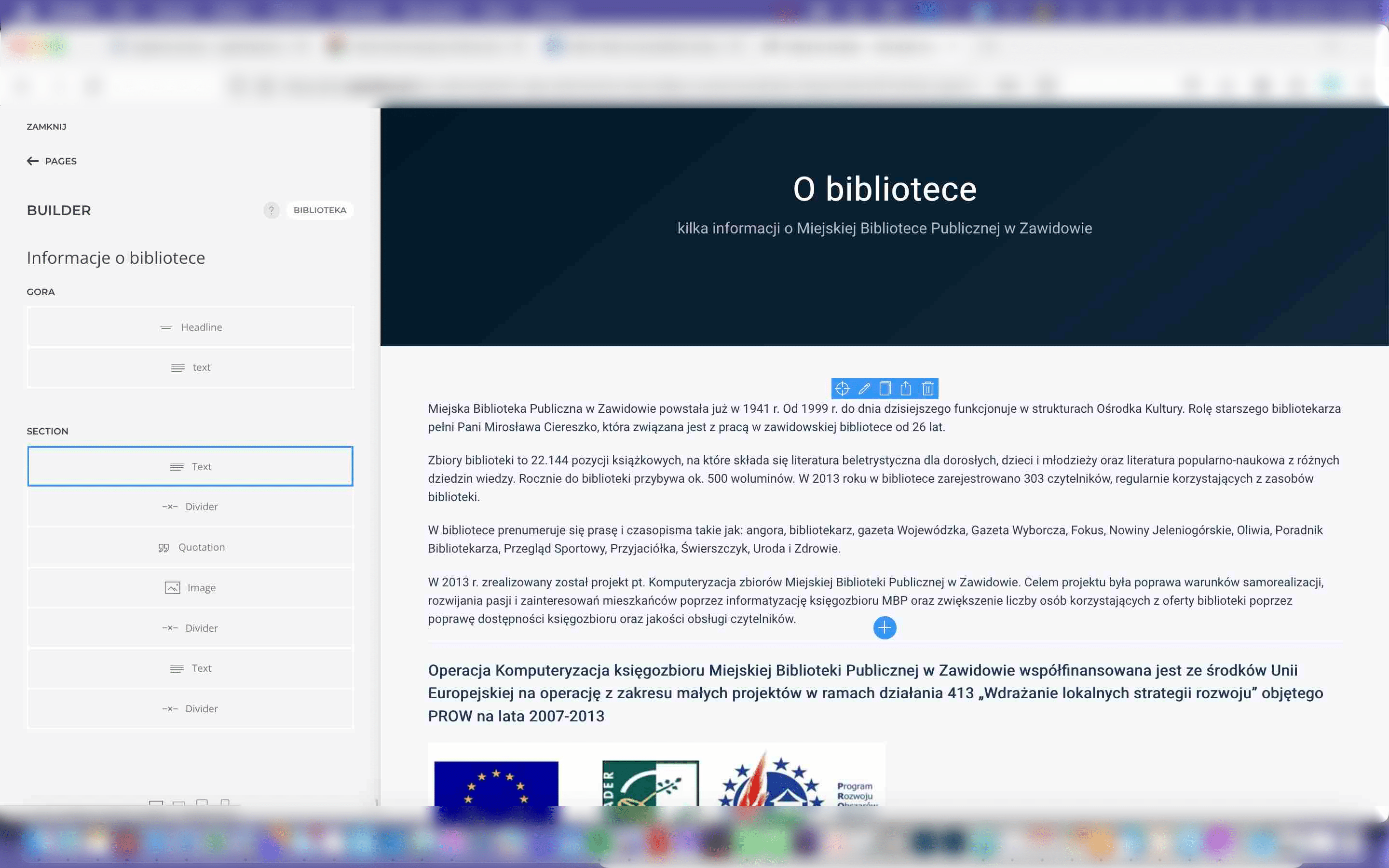 Wybieramy z tekst i klikamy na edycję (do edycji możemy wejść wybierając moduł z lewej storny lub z pola podglądu).