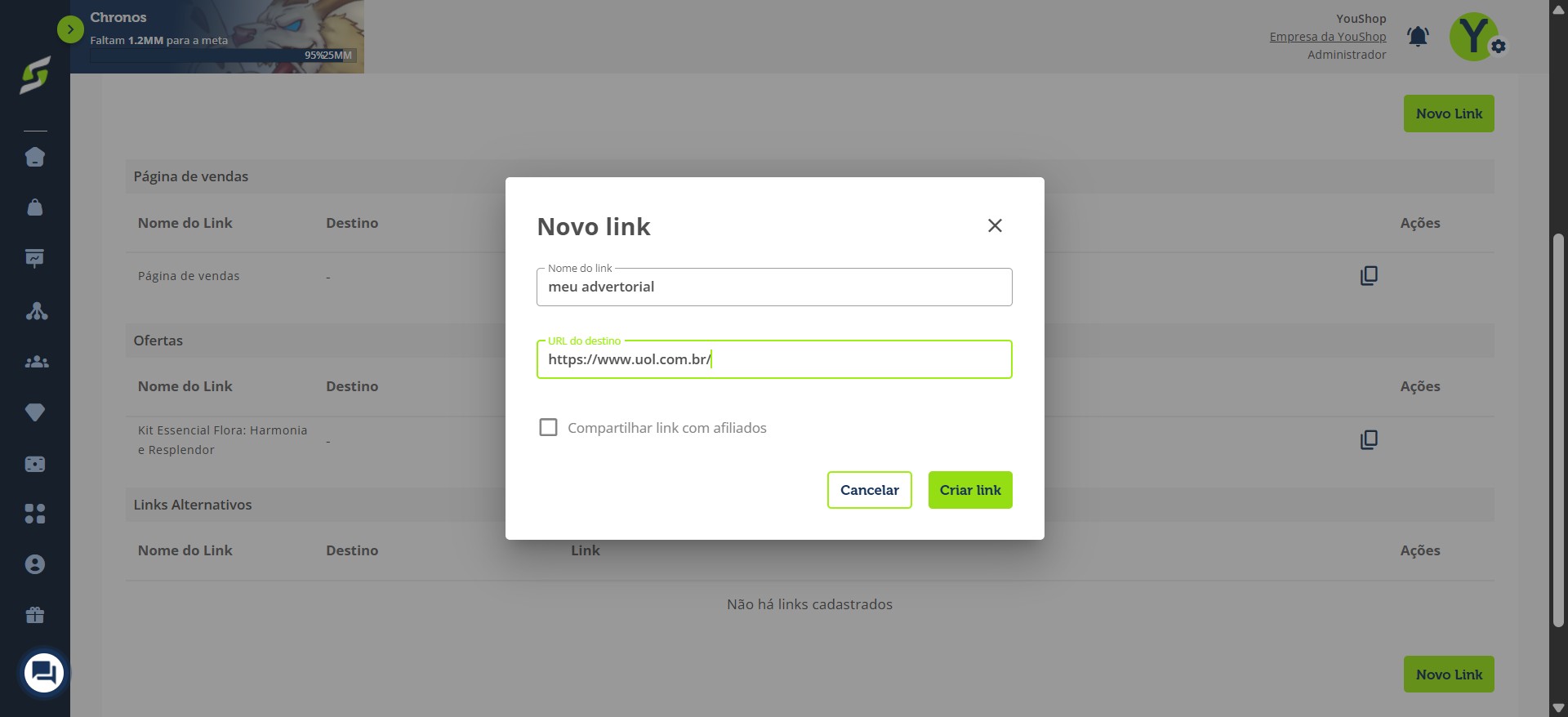 Adicione a URL de destino.