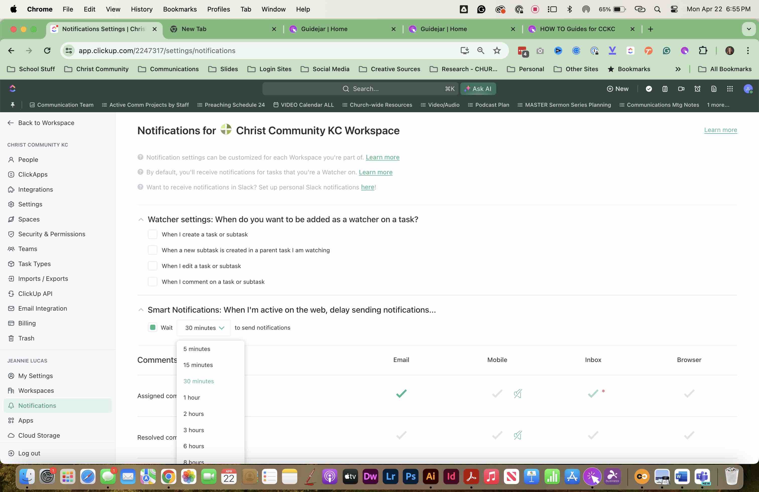 SET SMART NOTIFICATIONS and select a TIME as appropriate.
If you are active in ClickUp, or change comments frequently, increase the timeframe.