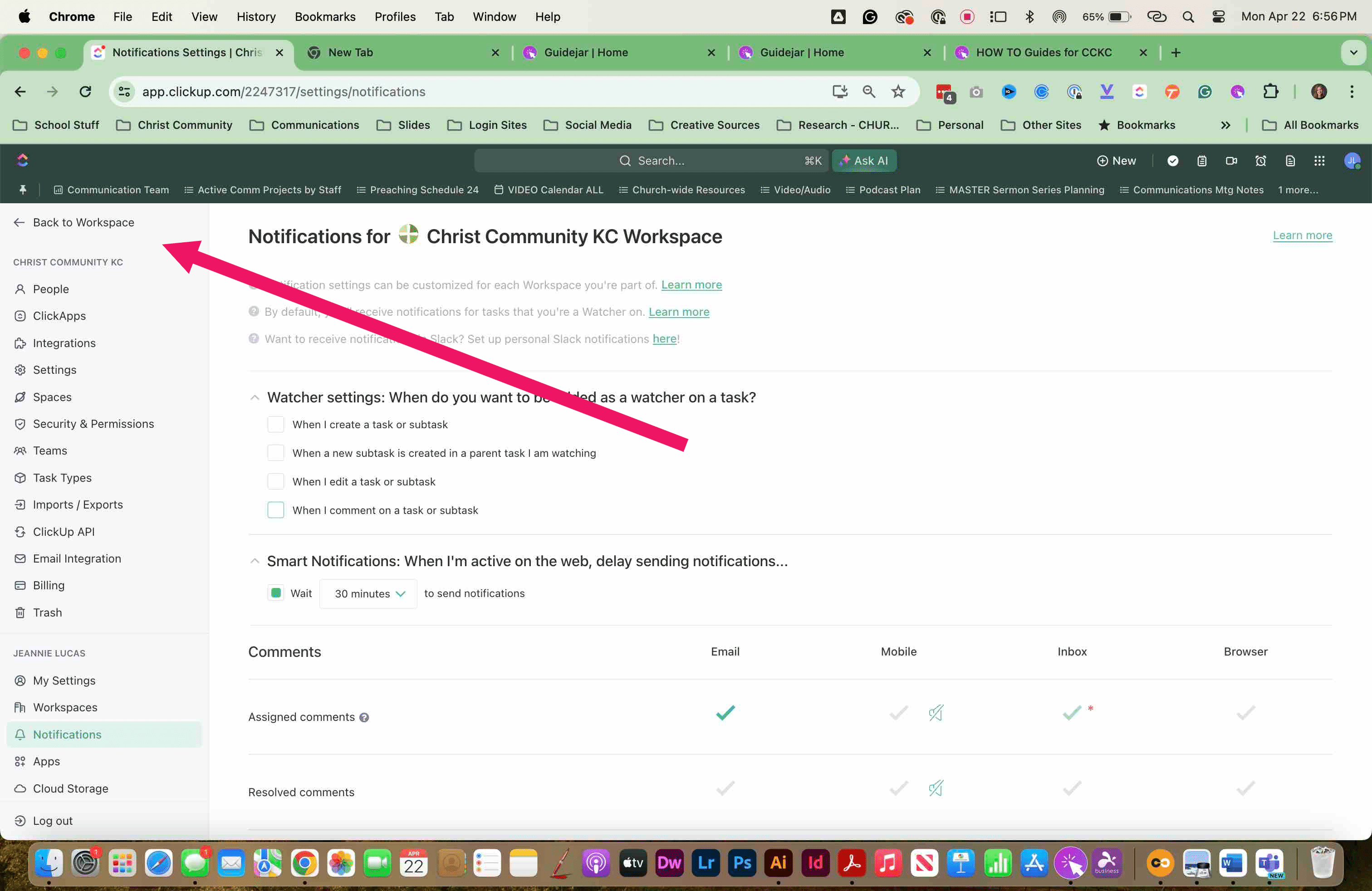 RETURN to your WORKSPACE when finished setting up your NOTIFICATIONS.