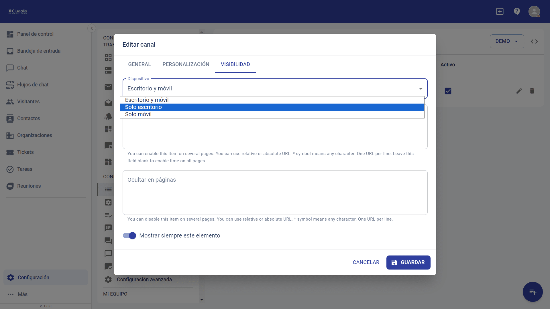 Haz click en el dispositivo en el que necesites que se muestre el canal