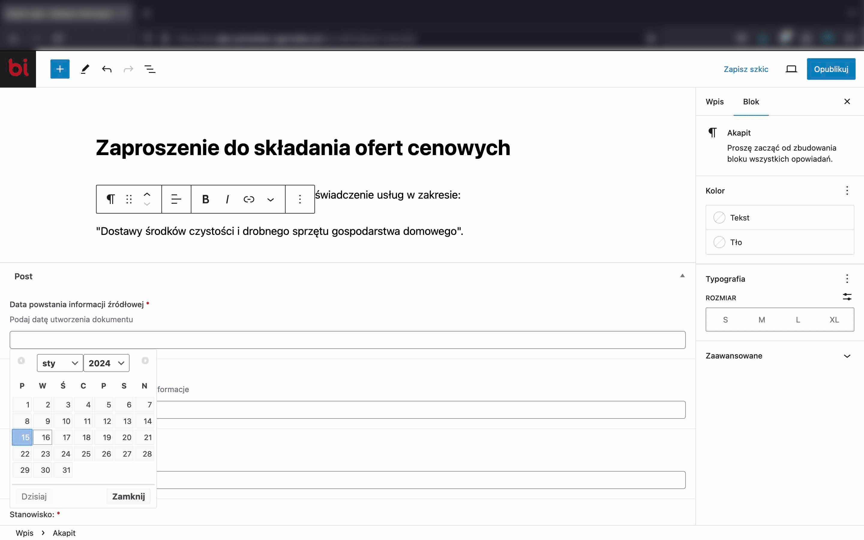 Datę powstania informacji źródłowej wybieramy z kalendarza.
