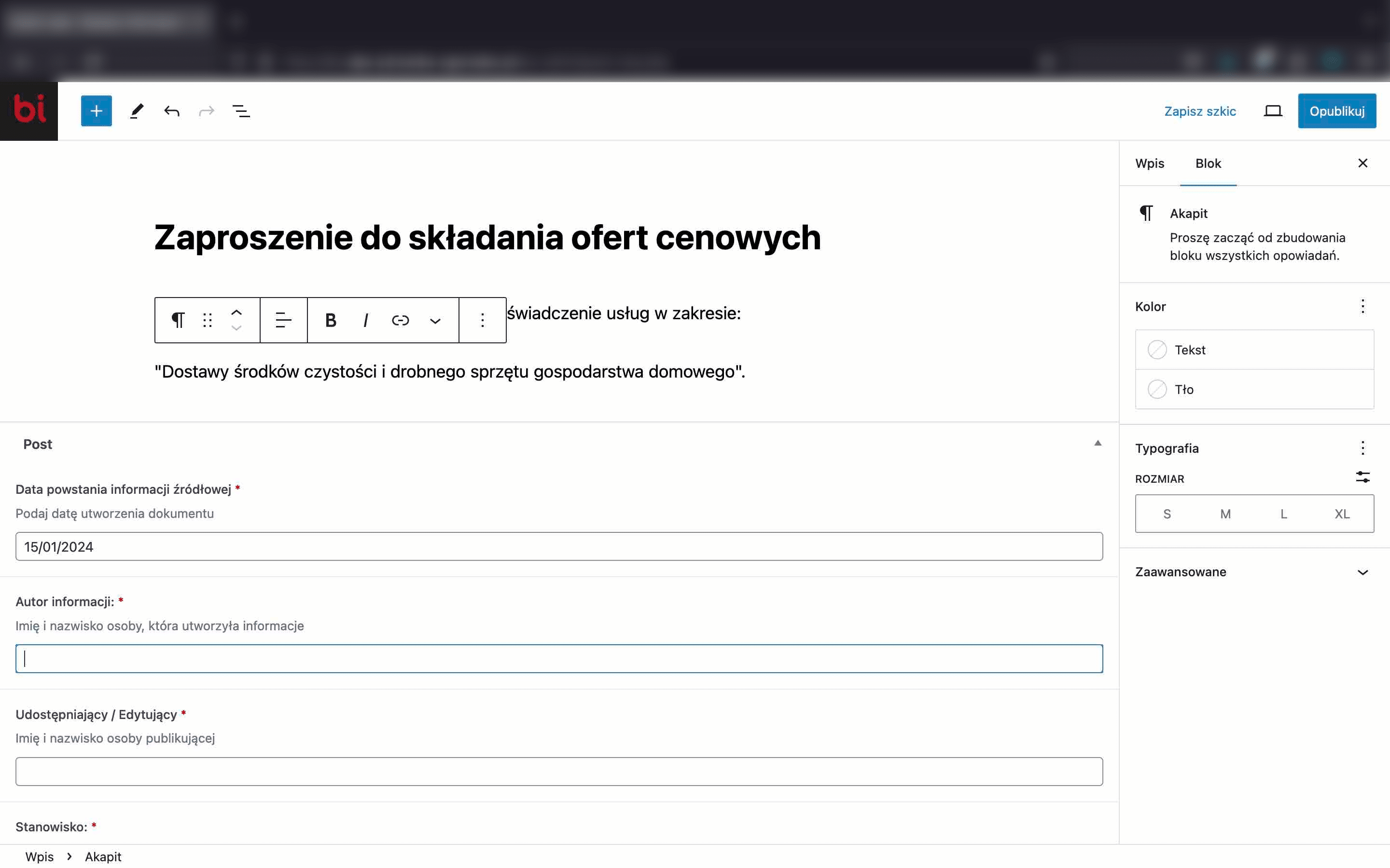 Podajemy autora informacji, czyli osobę która stworzyła publikowane dokumenty.