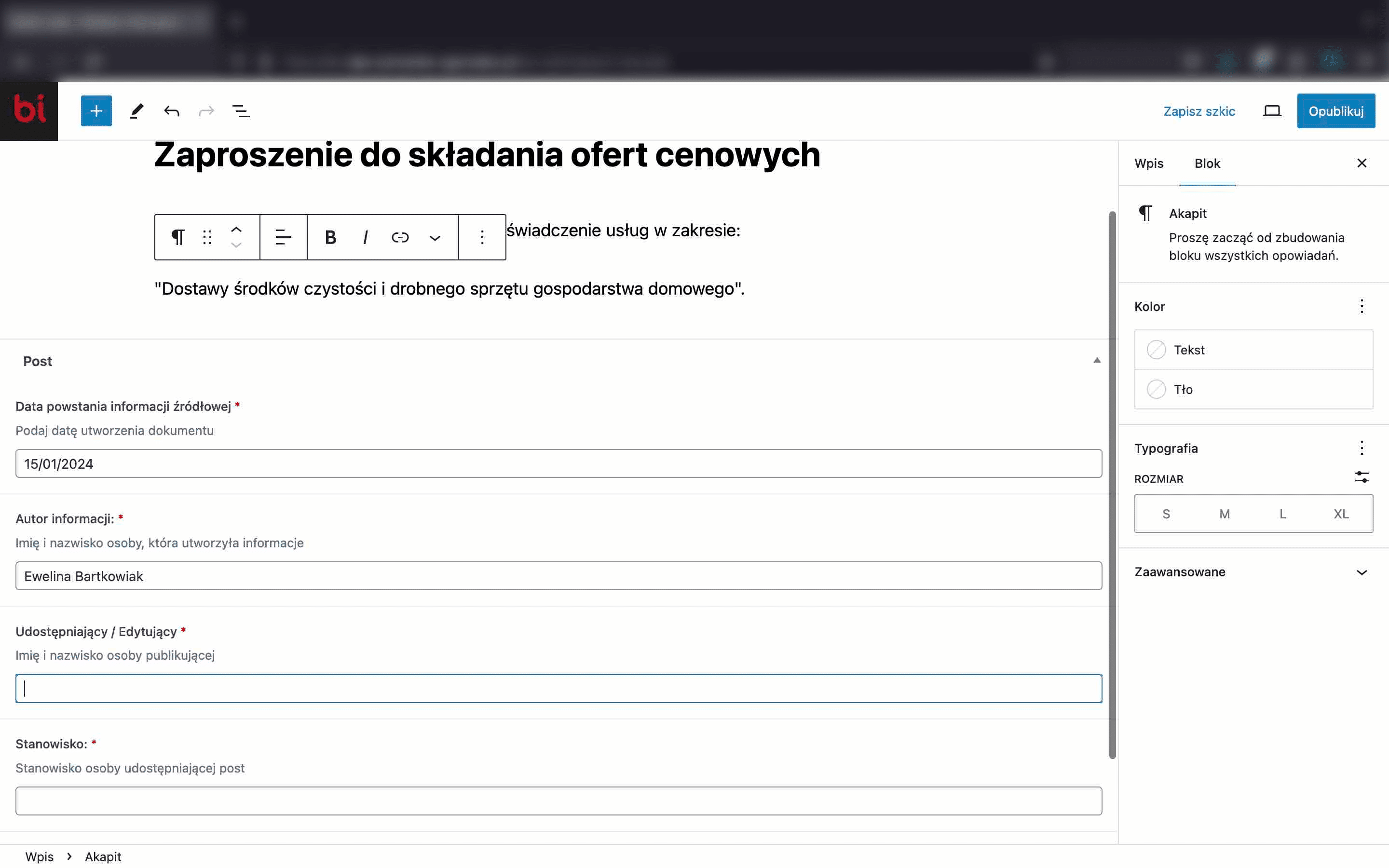 Podajemy dane udostępniającego czyli osobę, która informację publikuje (redaktora, który dodaje wpis)