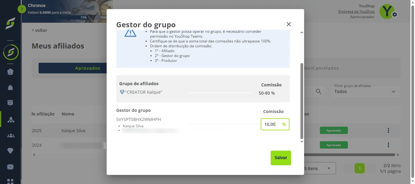 
Defina o valor da comissão do gestor e clique em Salvar.