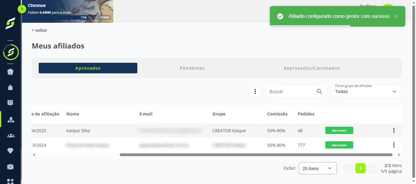 Pronto! O afiliado foi configurado como gestor do grupo com sucesso. 🐉