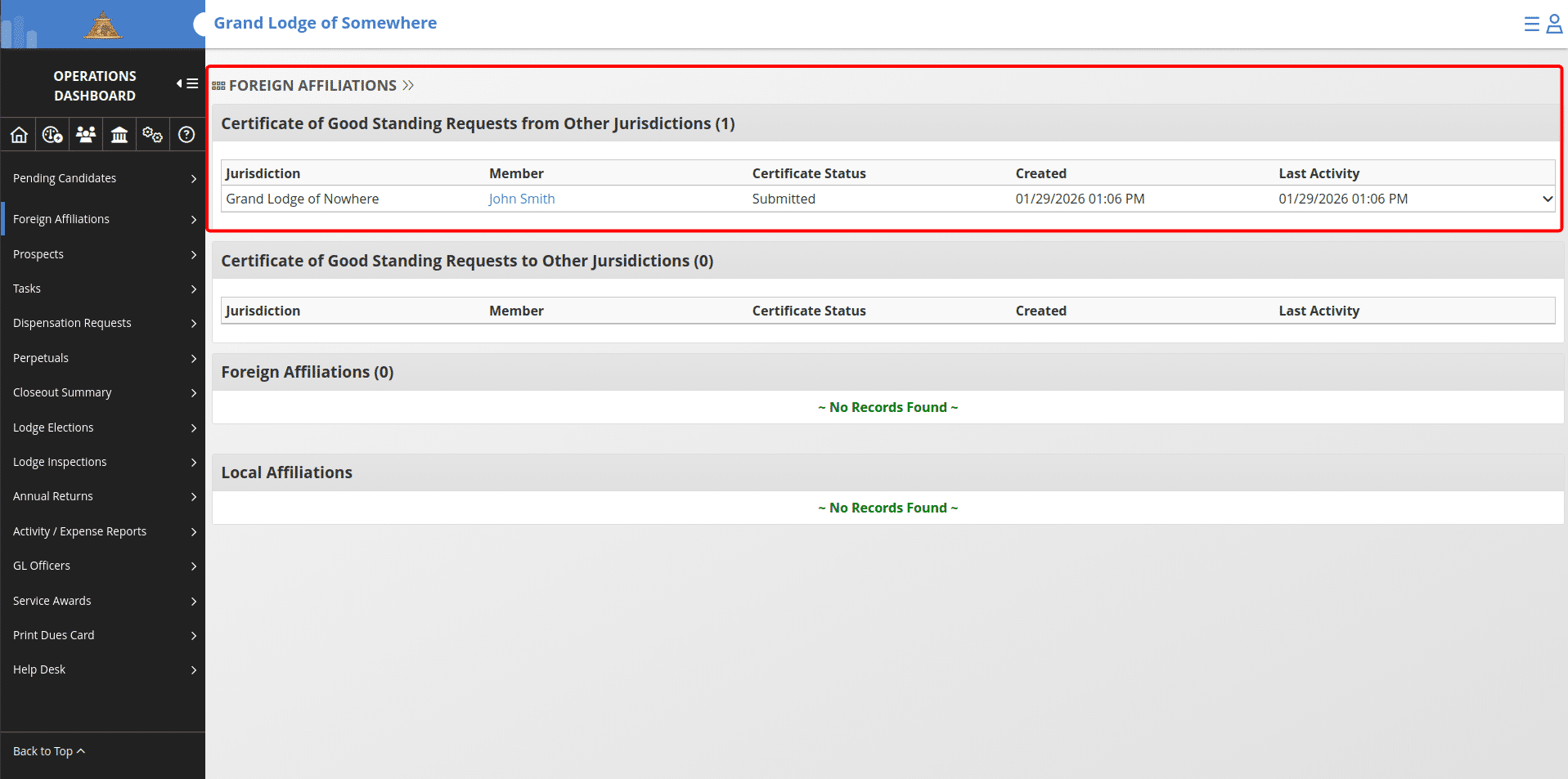 ## When your jurisdiction receives a COGS request
The request will display under the Foreign Affiliations section of the Operations Dashboard under the Certificate of Good Standing Requests from Other Jurisdictions list.

