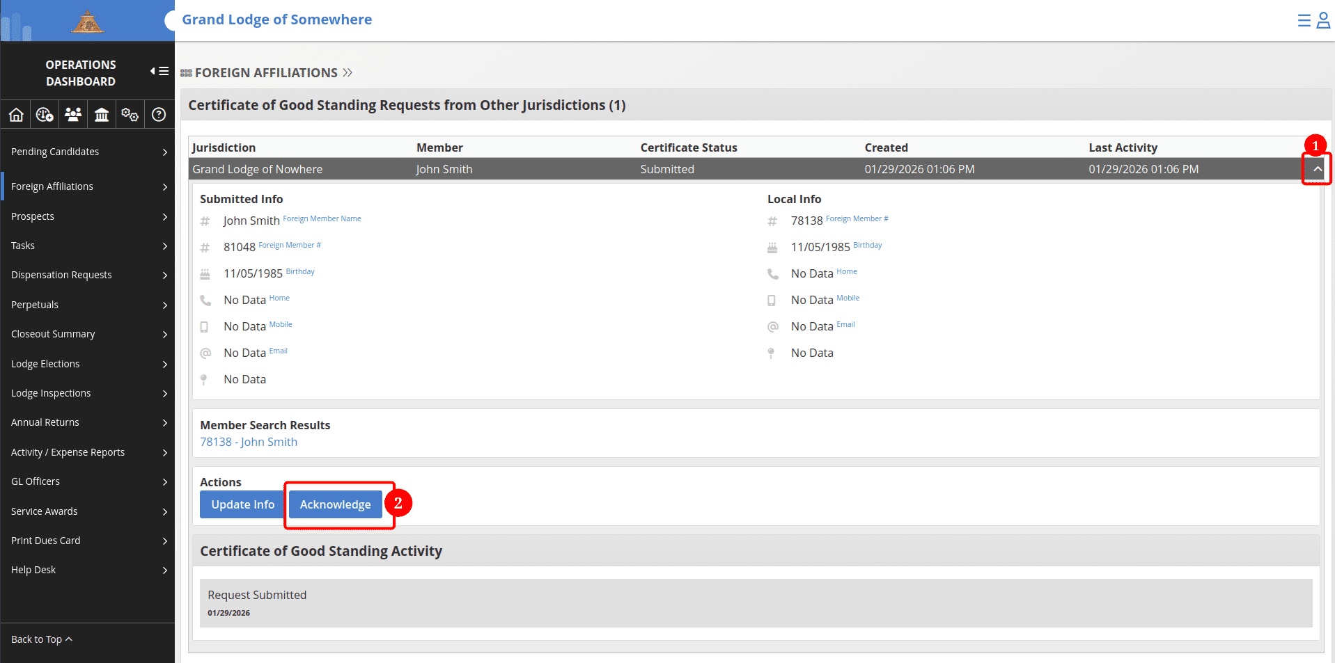 ## Acknowledge the Request
1. Click the down arrow on the request from the Operations Dashboard to expand the request record.
2. Click Acknowledge and confirm the pop-up by clicking the **"Submit"** button to indicate the request is being reviewed.