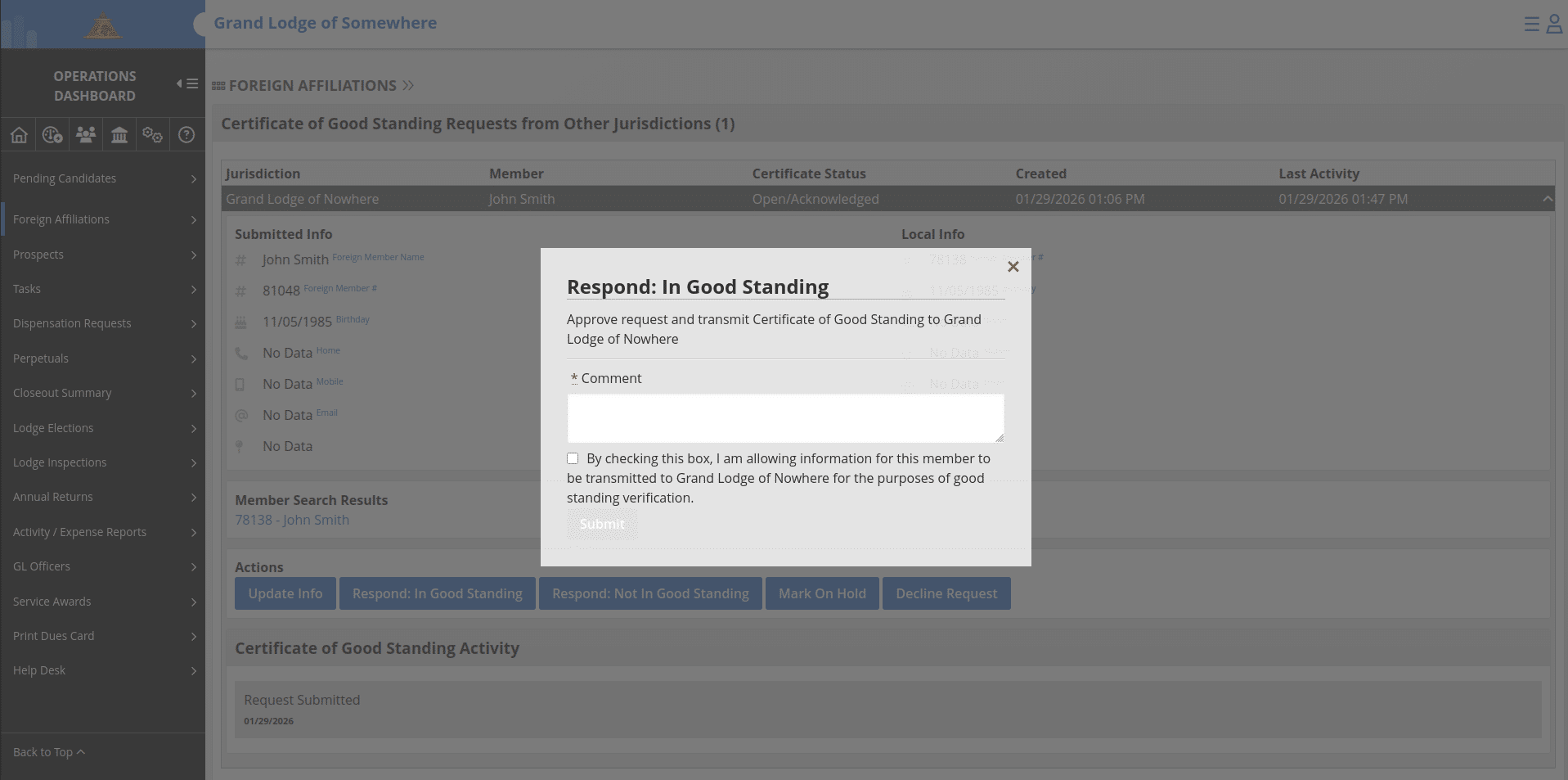 ## Responding In Good Standing
If you click the **"Respond: In Good Standing"** button, the response form will display as a pop-up. A comment is required as well as checking the box to **confirm transmitting the letter of good standing to the other jurisdiction**. After filling out your comment and checking the box, the **"Submit"** button becomes available to click. By clicking **"Submit"**, your response is immedately transmitted to the other jurisdiction for their review.