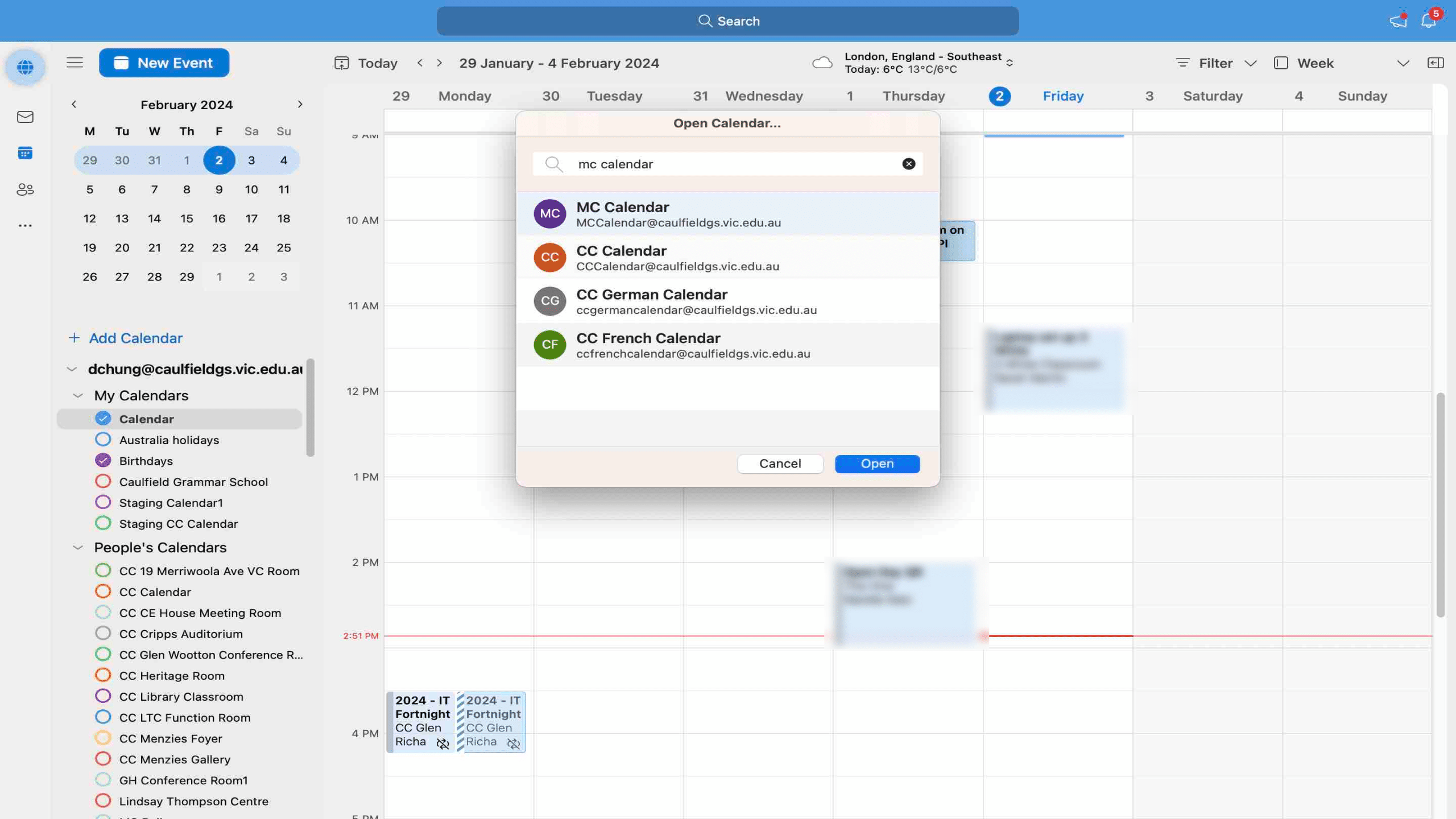 Select "MC Calendar" from the list of Shared Calendars
