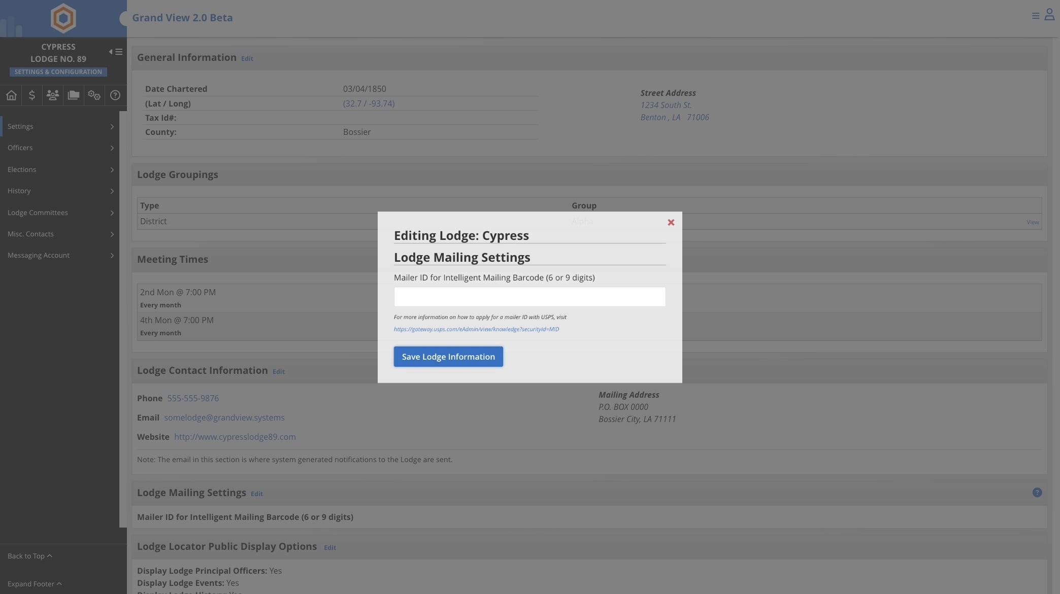 Enter in the number provided by USPS and click on Save Lodge Information