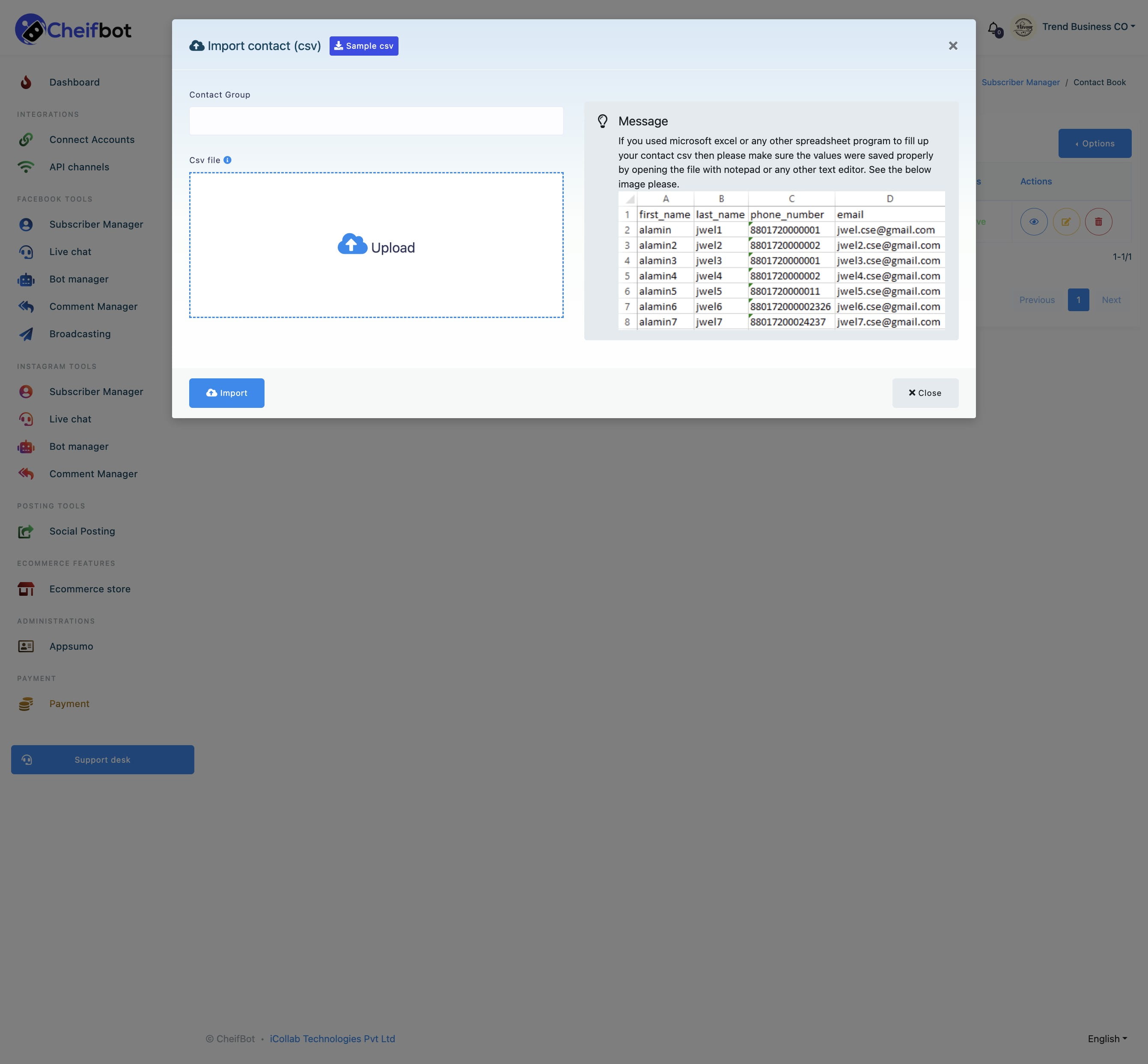 Instantly, a modal form called import contact(CSV) will appear. First, download the sample CSV file to see how to organize the CSV file.