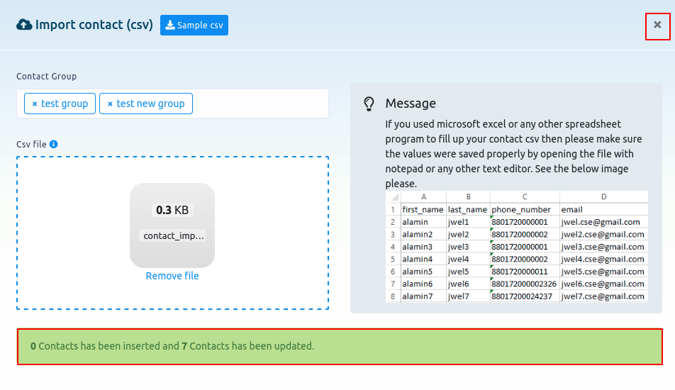 Instantly, a successful message will appear. Then click on the cross button and the modal form will disappear.And you will see that the contacts have been added to the contact list.