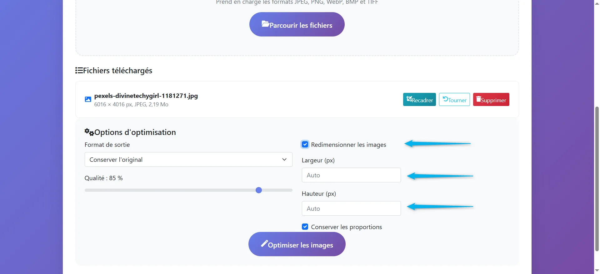 Options supplémentaires

Option pour "Redimensionner les images"

Une case à cocher permettant de redimensionner l'image en plus de l'optimiser.

Si l'utilisateur souhaite redimensionner l'image (modifier sa taille en pixels), il peut cocher cette case pour activer l'option de redimensionnement.