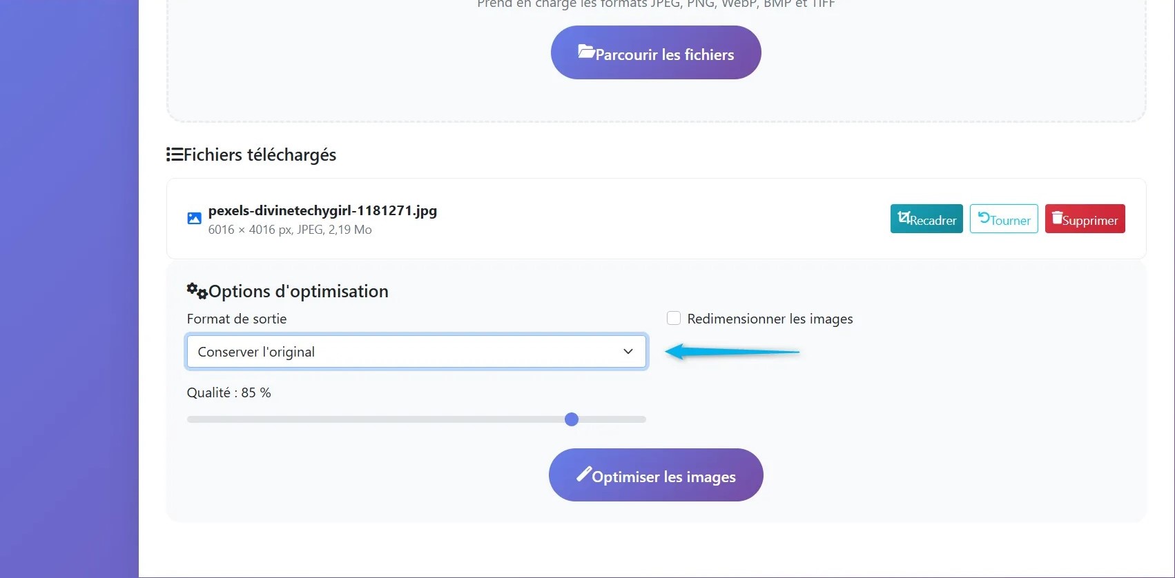Choix du format de sortie

Un menu déroulant permettant de sélectionner le format de sortie.

L'utilisateur peut choisir de conserver l'image dans son format d'origine ou de la convertir dans un autre format supporté (par exemple, WebP, PNG, etc.).