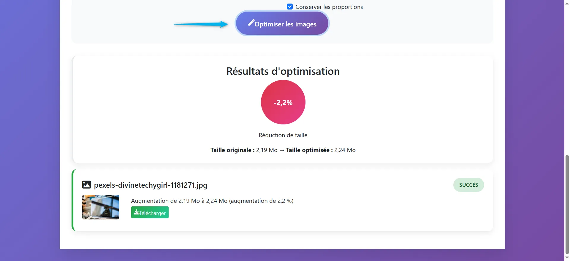 Lancer l'optimisation

Le bouton "Optimiser les images"  permet de lancer le processus d'optimisation de l'image une fois que l'utilisateur a ajusté les paramètres souhaités (qualité, redimensionnement, format, etc.).
Après avoir choisi les paramètres,  cliquez sur ce bouton pour appliquer les modifications à l'image.