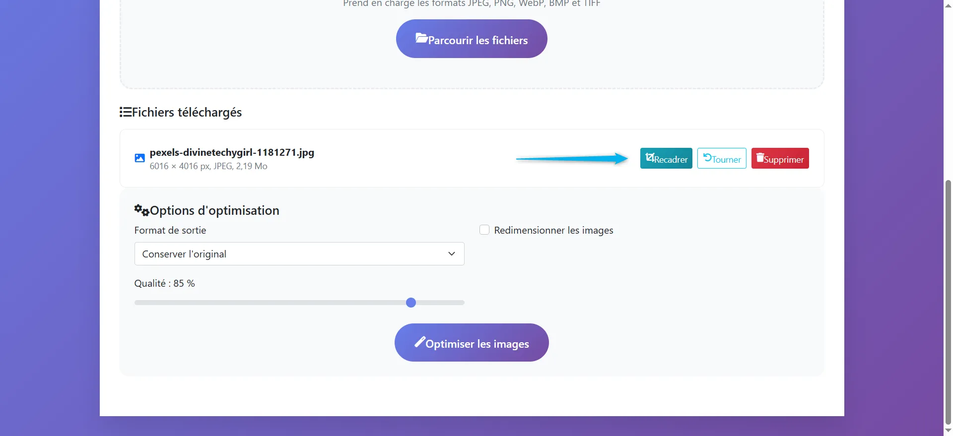 Option recadrage (si nécessaire)

L'image téléchargée est affichée dans la section "Fichiers téléchargés" avec les informations sur sa taille et son format .

L'utilisateur peut cliquer sur recadrer s'il veut couper ou  modifier la zone visible de l'image. Cela permet de supprimer les parties non souhaitées, telles que des bords vides, des éléments superflus ou de mettre en évidence une partie spécifique de l'image.