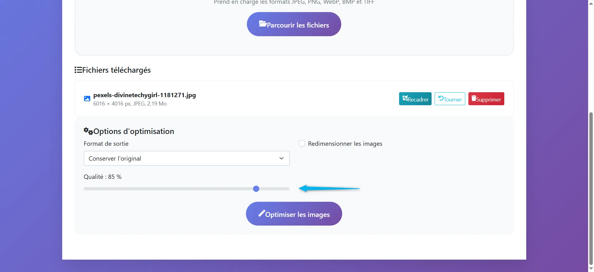 Ajustement de la qualité

Ce curseur permet d'ajuster la qualité de l'image.

L'utilisateur peut ajuster la qualité de l'image en déplaçant le curseur. Plus le pourcentage est bas, plus la compression est forte et la taille du fichier réduite, mais la qualité peut en souffrir. Par exemple, 85 % de qualité est un bon compromis entre compression et qualité visuelle.