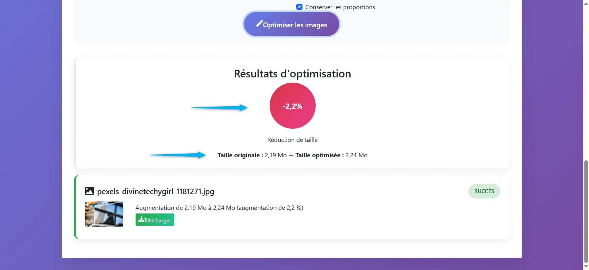 Affichage des résultats après optimisation

Réduction de taille (graphique)
Un graphique montre la réduction de la taille de l'image après optimisation. il indique que la  réduction de la taille de l'image après optimisation, ce qui est bénéfique pour la performance du site web en réduisant le poids du fichier.

 La taille optimisée qui montre la nouvelle taille de l'image après optimisation.
