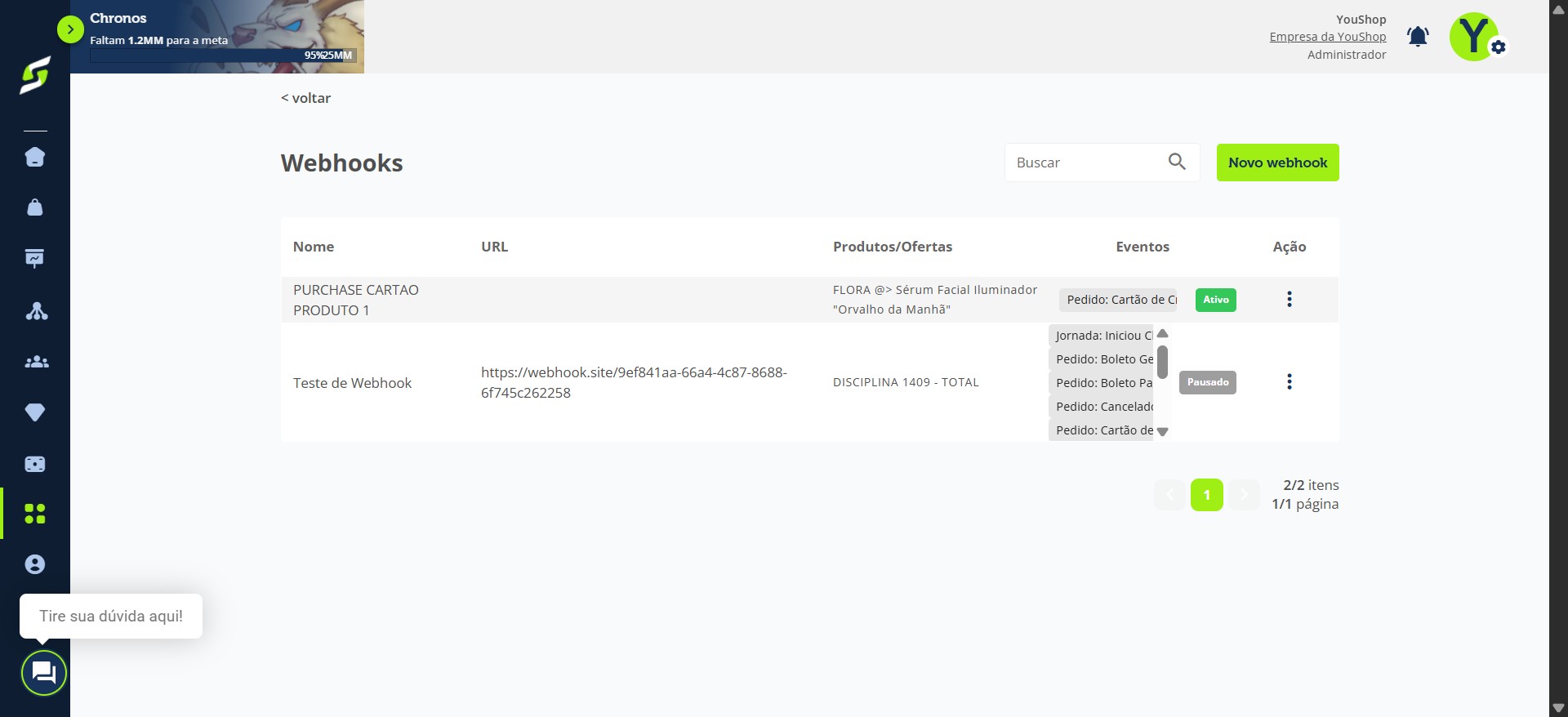 Pronto! O webhook foi criado com sucesso.