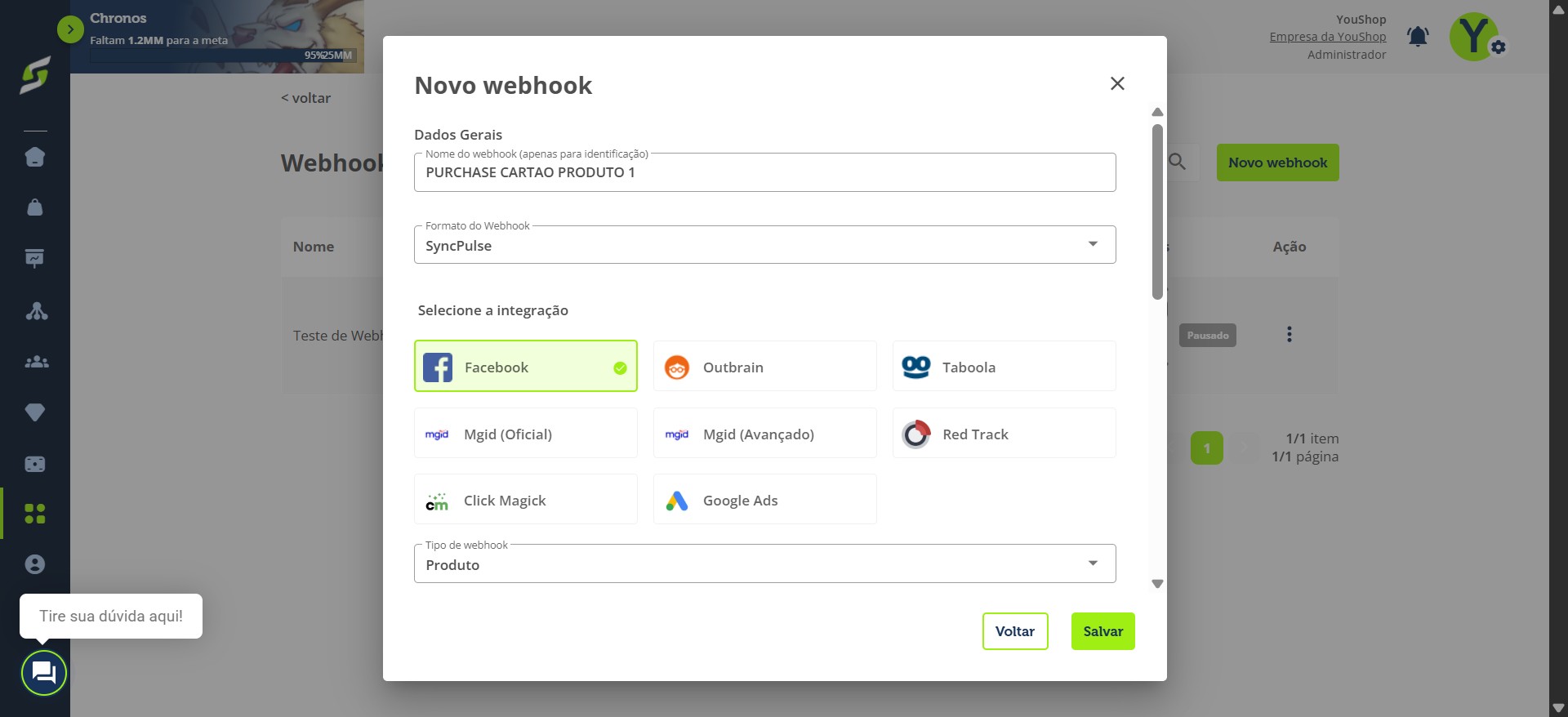 Em Integração, você pode escolher qualquer integração, mas neste exemplo utilizaremos Facebook.