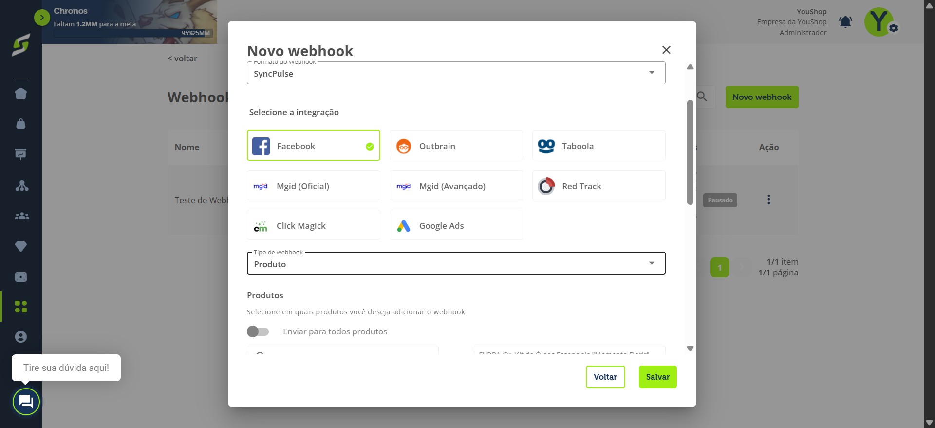 Clique em Tipo de webhook.