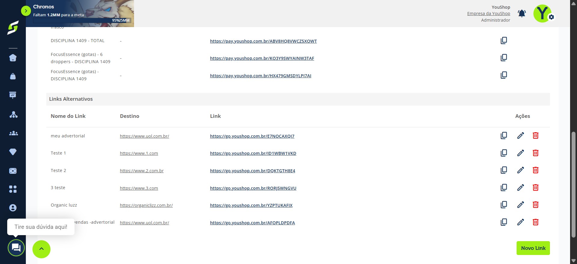 Nesta área, estarão disponíveis os seus links alternativos, ou você pode criar um novo em “Novo link”.