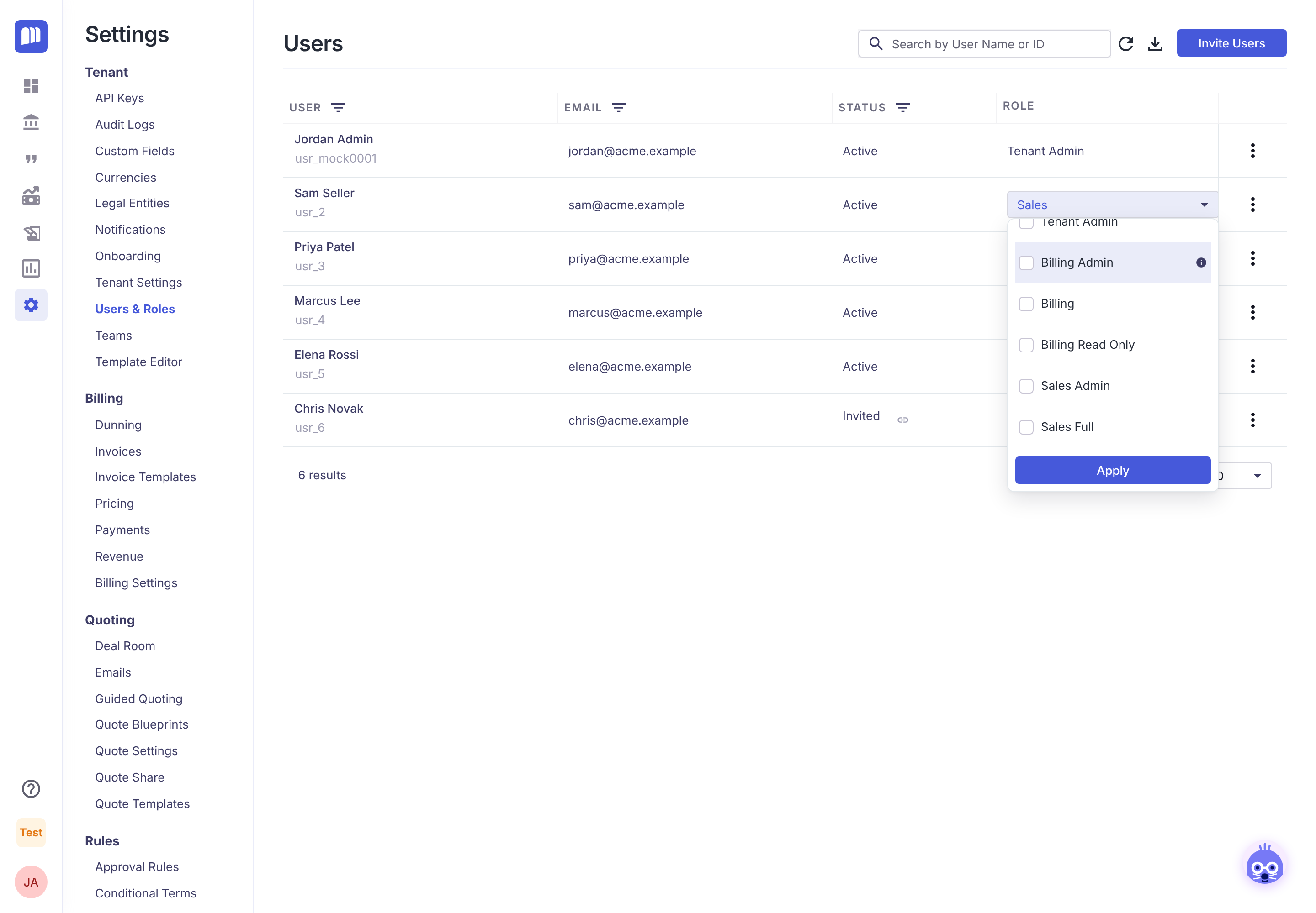 Role dropdown on a user, with checkboxes for each role and an Apply button