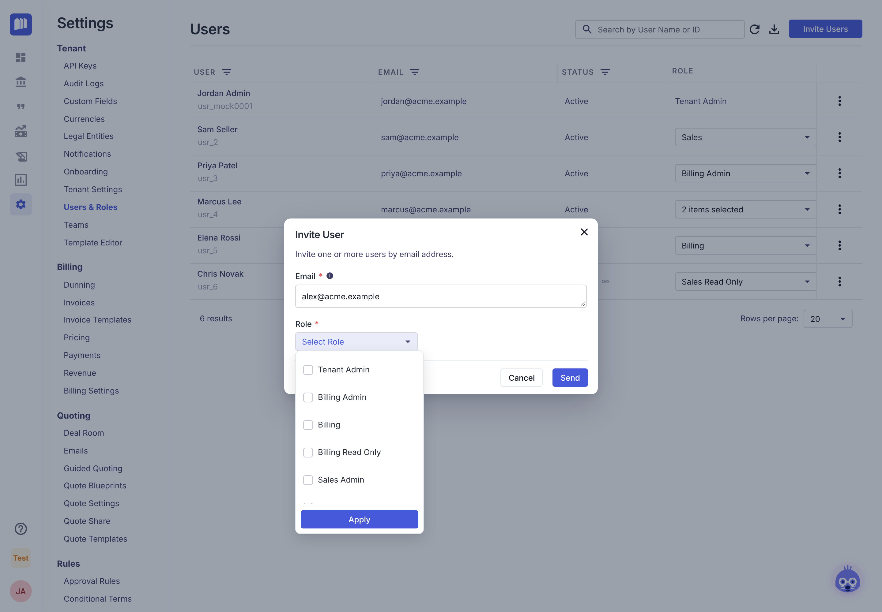 Invite User dialog with the role list open