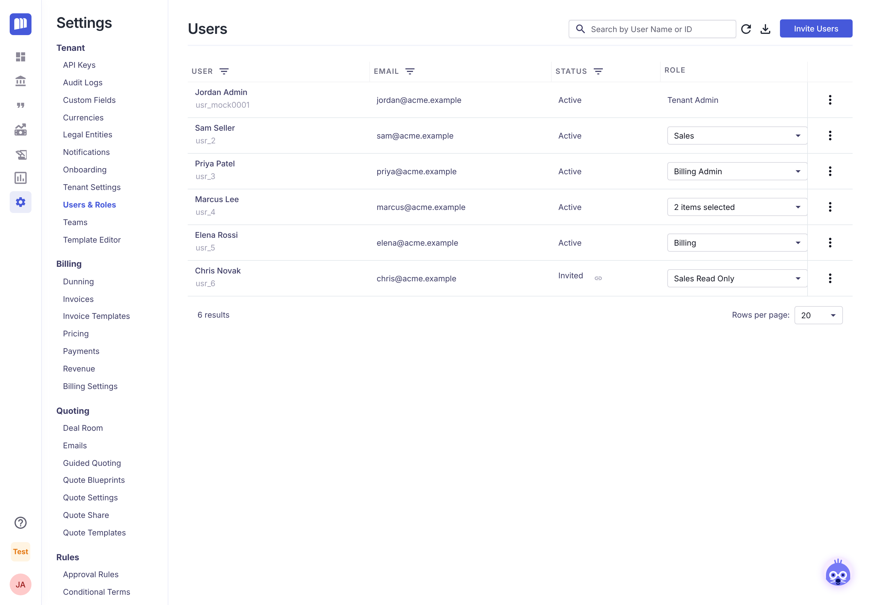Settings → Users & Roles, listing each user with their status and role