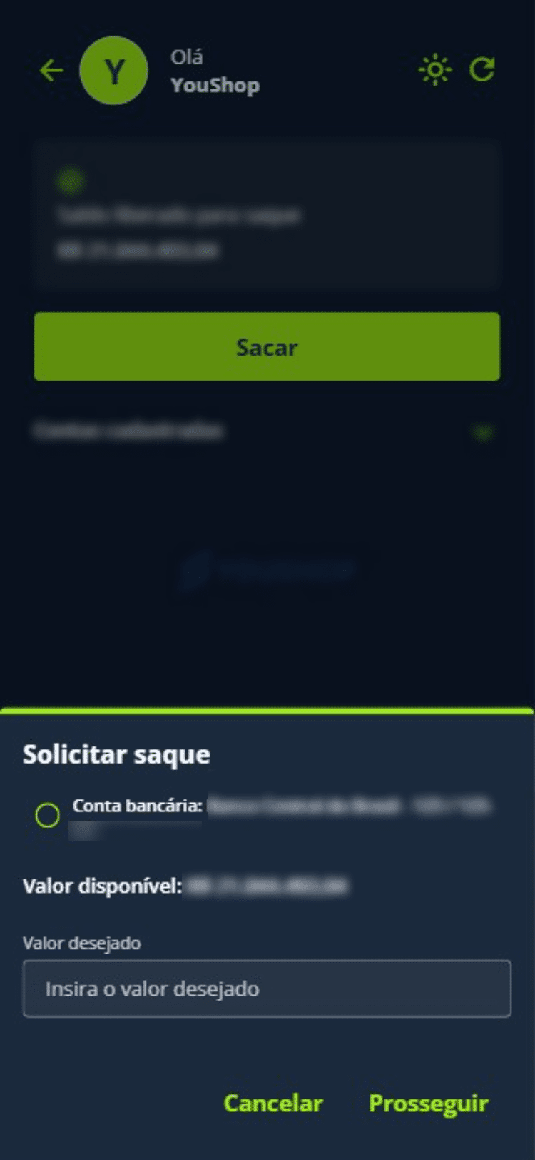 Clique em “Sacar” e escolha a conta bancária desejada.
