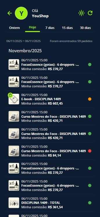 Confira todas as compras realizadas no dia e, ao selecionar uma delas, veja os detalhes completos da transação.