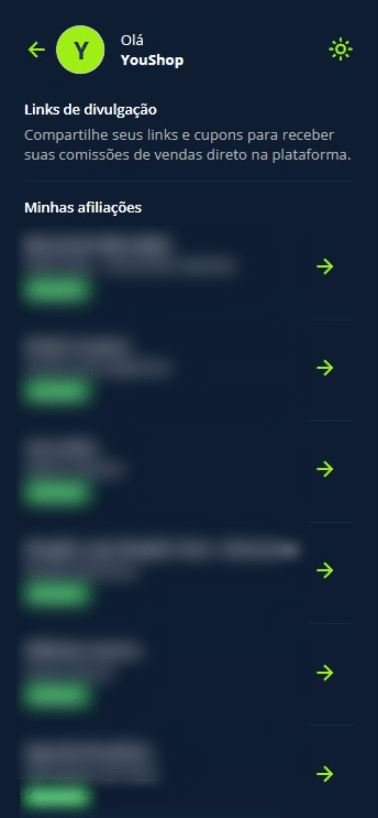 Acesse “Links de divulgação” e selecione a marca em que deseja criar o cupom.