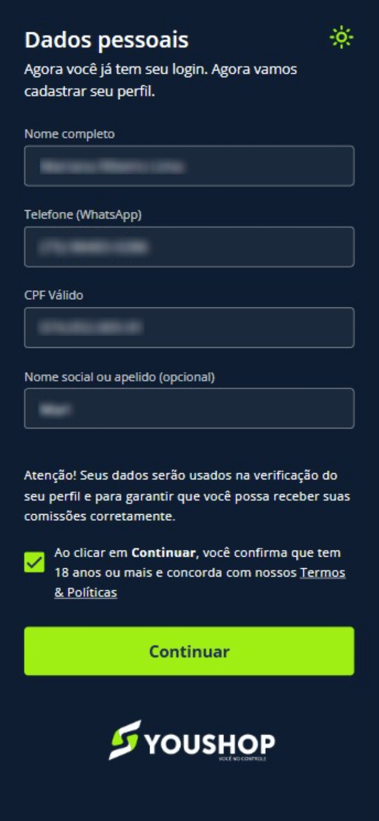 Após a validação, preencha seus dados pessoais (nome, CPF, número de telefone etc.) e clique em “Continuar”.