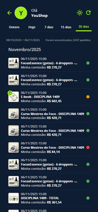 É possível visualizar suas vendas dos últimos 30 dias.