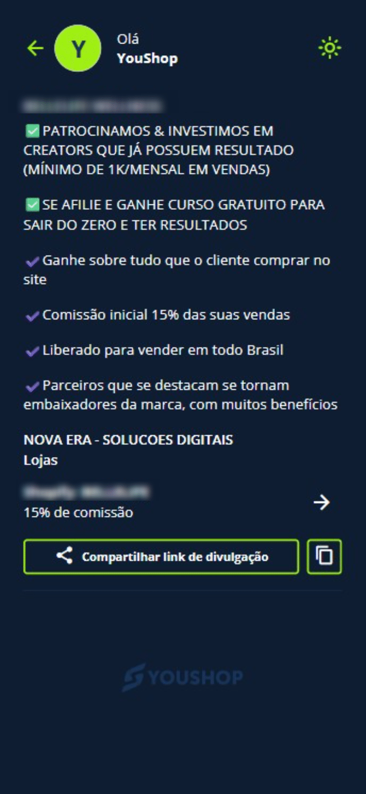 Copie e compartilhe seu link de divulgação para começar a promover o produto.