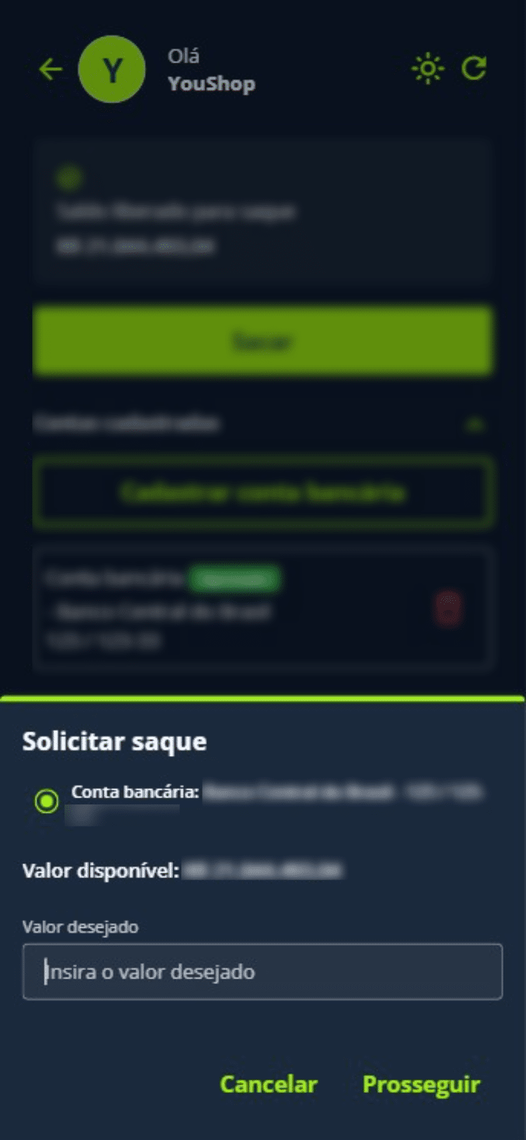Insira o valor do saque e clique em “Prosseguir”.