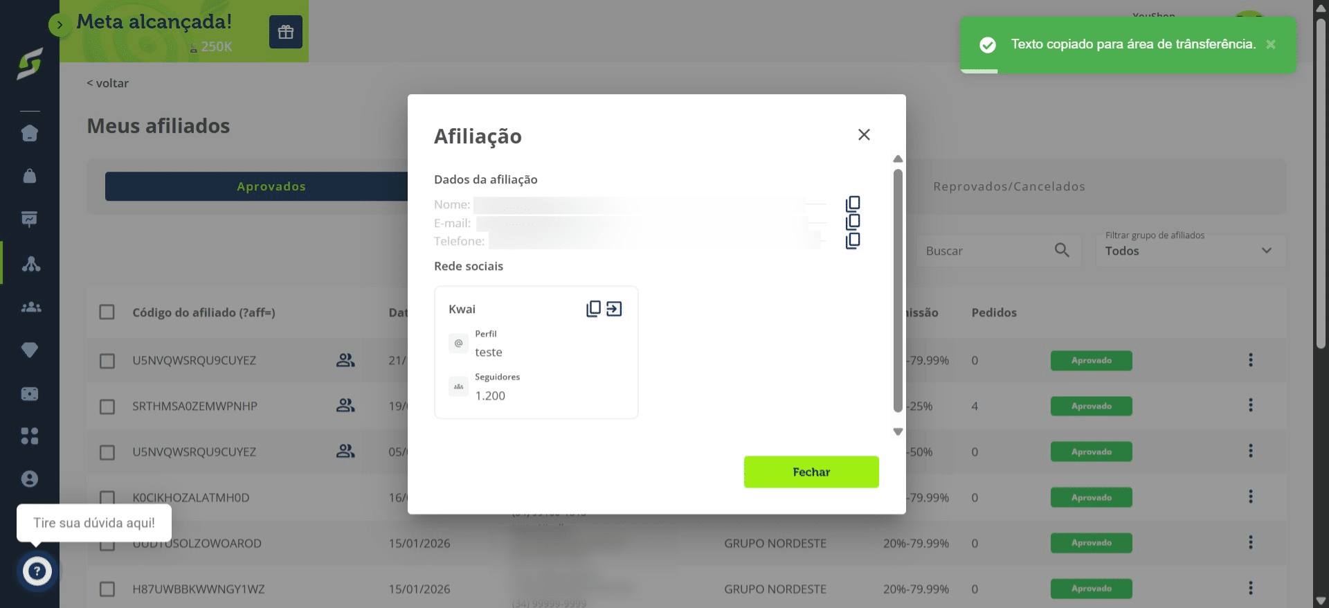 Clique em Copiar para copiar o usuário do perfil da rede social.