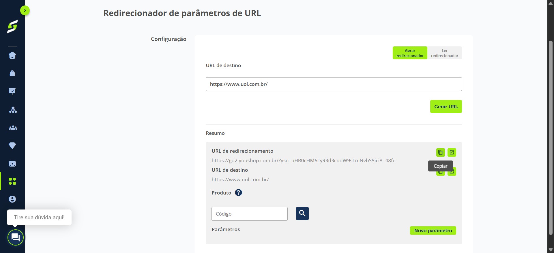 A URL será gerada automaticamente. Em seguida, clique em copiar.