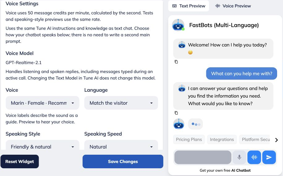 Choose a **Voice** and **Language**.
 
The voice choices include Marin, Cedar, Alloy, Ash, Ballad, Coral, Echo, Sage, Shimmer and Verse. Marin and Cedar are marked as recommended in the current interface.
 
For Language, choose **Match the visitor** or a specific language.
 
Voice uses the same knowledge and main **Tune AI** instructions as text chat. There is no need to train a second bot or write another main prompt. The Voice Model handles listening and spoken replies, including messages typed during an active call. Changing the Text Model in Tune AI does not change the voice model.