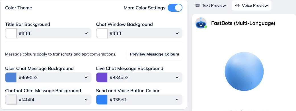Open **Branding** to customise the chatbot avatar, start chat icon, launcher position and size, and colour theme.
 
With voice enabled, **Send and Voice Button Colour** controls those buttons. Message colours apply to text conversations and transcripts.